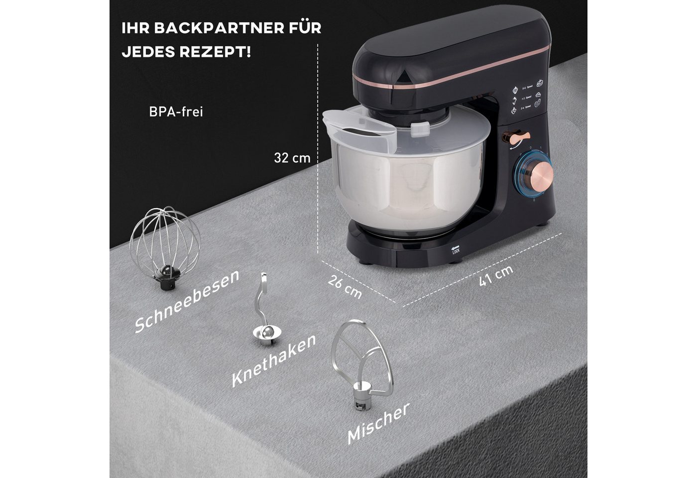HOMCOM Küchenmaschine 800-251V91BK, 1400 W, 5.5 l Schüssel, mit Rührhaken, Schlagbesen, Spritzschutz, Teigschaber und Eiertrenner Bild 5