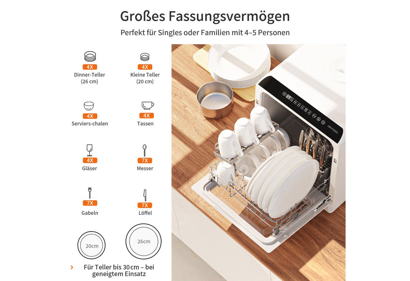 Airmsen Tischgeschirrspüler Mini Geschirrspüler mit 5L tank und 6 Spülprogramme, Heißlufttrocknung TDQR03A, 5 l, 4 Maßgedecke, Geeignet für Hausküchen, Wohnungen, Schlafsäle und Wohnmobile