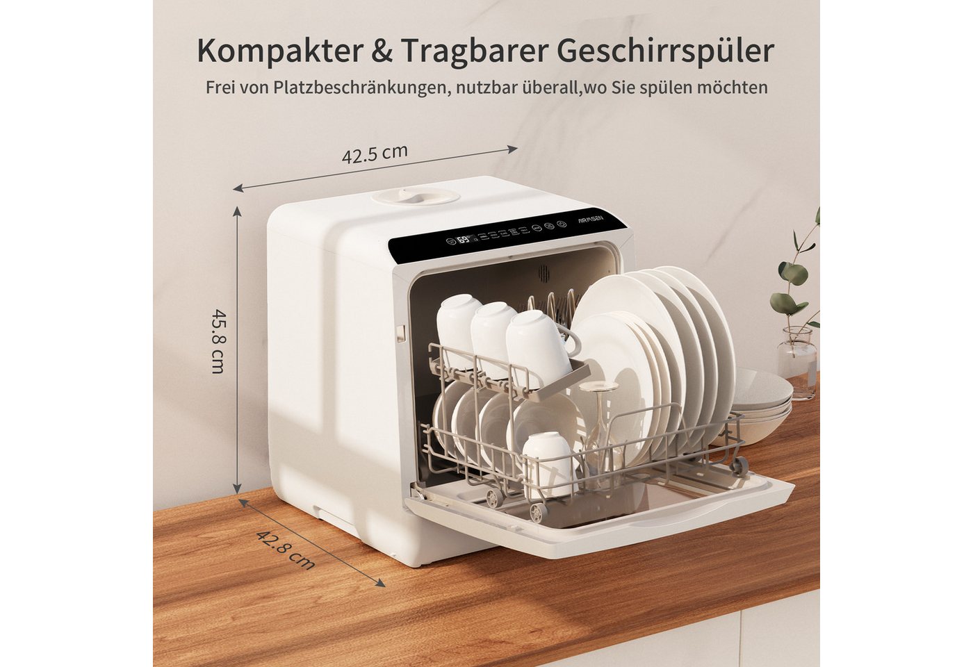 Airmsen Tischgeschirrspüler Mini Geschirrspüler mit 5L tank und 6 Spülprogramme, Heißlufttrocknung TDQR03A, 5 l, 4 Maßgedecke, Geeignet für Hausküchen, Wohnungen, Schlafsäle und Wohnmobile Bild 3