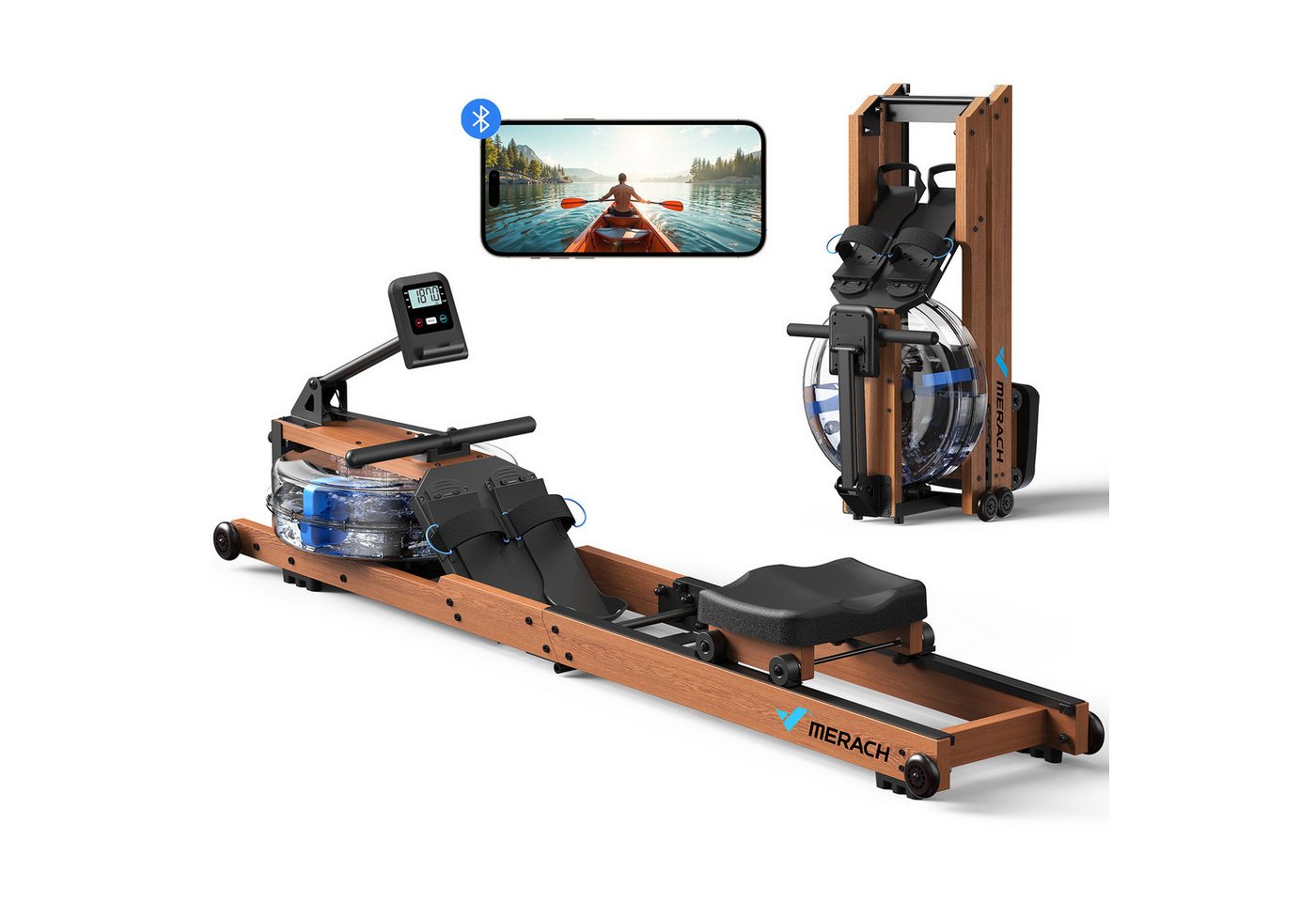 MERACH Rudergerät für Zuhause aus Massivholz, Klappbares Wasserrudergerät (Hochwertige Holzkonstruktion, Dual-Slide-Rail, Kompatibel Kinomap, mit Bluetooth exklusiver APP, interaktiven Karten Spiel, Tabletständer), Leicht zu Montieren, Belastbar bis 180kg, Grünes Fitnessgerät Bild 2