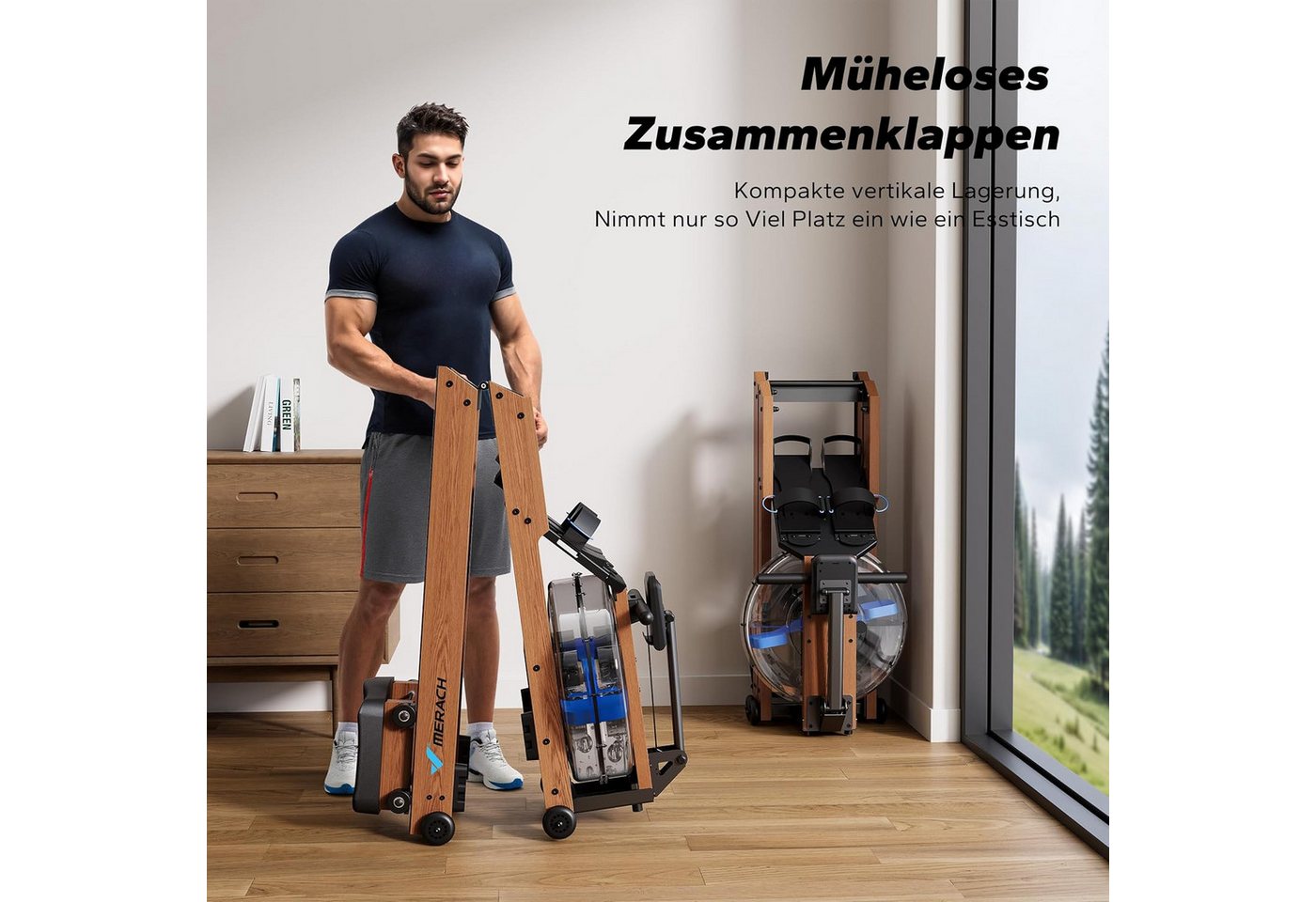 MERACH Rudergerät für Zuhause aus Massivholz, Klappbares Wasserrudergerät (Hochwertige Holzkonstruktion, Dual-Slide-Rail, Kompatibel Kinomap, mit Bluetooth exklusiver APP, interaktiven Karten Spiel, Tabletständer), Leicht zu Montieren, Belastbar bis 180kg, Grünes Fitnessgerät Bild 4