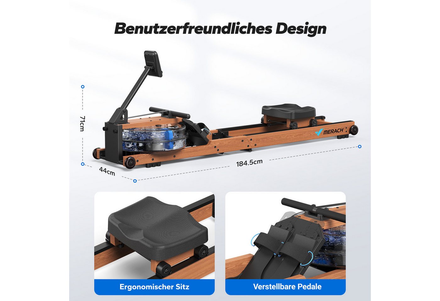 MERACH Rudergerät für Zuhause aus Massivholz, Klappbares Wasserrudergerät (Hochwertige Holzkonstruktion, Dual-Slide-Rail, Kompatibel Kinomap, mit Bluetooth exklusiver APP, interaktiven Karten Spiel, Tabletständer), Leicht zu Montieren, Belastbar bis 180kg, Grünes Fitnessgerät Bild 5