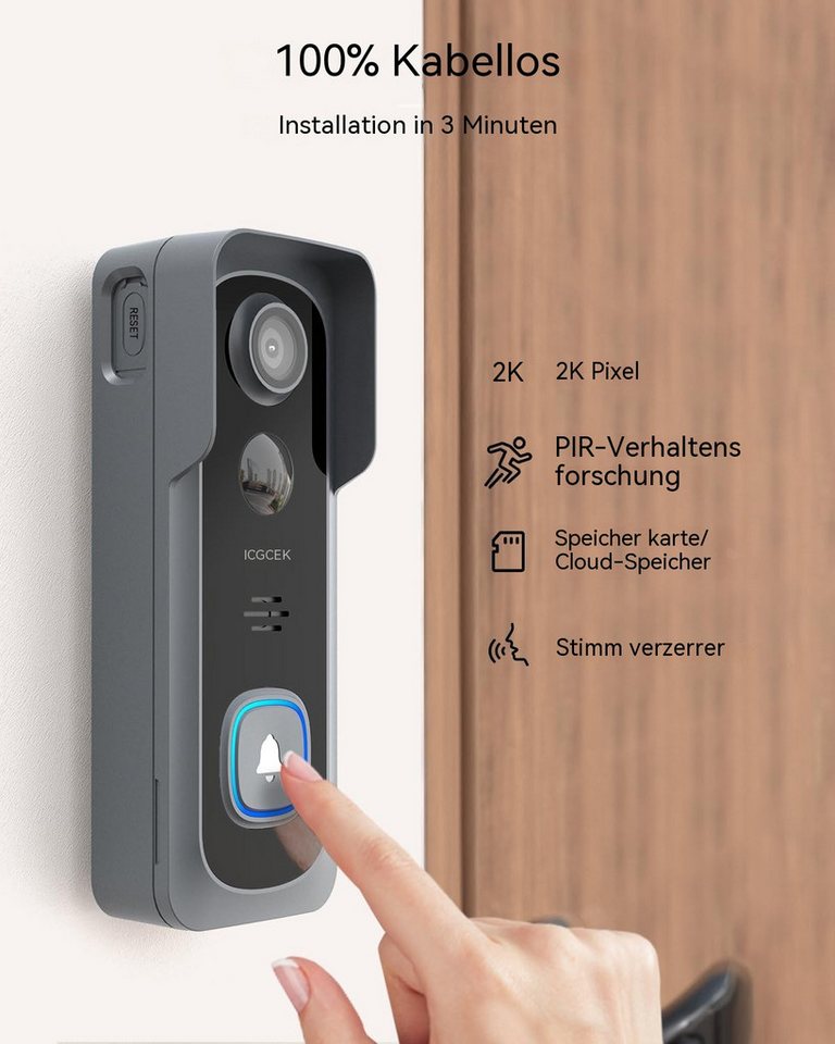 TWUFY Smart Home Türklingel 2K Kabellose Video Türklingel mit Kamera & Akku, 166° Blickwinkel (Außenbereich, Aussen, Drinnen, OTA-Upgrades, 4800mAh Akku, Kabellose Installation, 2,4-GHz-WiFi, Zwei-Wege-Audio, 3MP Auflösung, Nachtsicht, KI-Bewegungserkennung, 166° Weitwinkel, 107° Weitwinkel, App-Steuerung) Bild 3