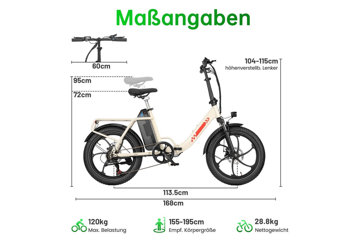 Vankel E-Bike Faltrad E1 Faltbares Damen u. Herren E-Fahrrad 960WH Pedelec,20AH 120 km, Kettenschaltung, Heckmotor, 960 Wh, 20x3'' Klapprad, Pedelec E-Citybike mit Tiefeinstieg, faltbar, E-bikes Bild 2