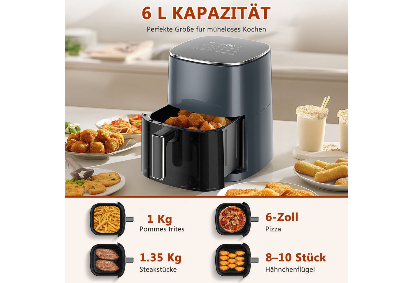 AIMAX Heißluftfritteuse 6L Ohne Öl Air Fryer Heizluft Fritteuse LED-Touchscreen 12 Programme, 1700 W, Airfryer Einstellbare Zeit/Temperaturregelung für Luftbraten, Braten Bild 2