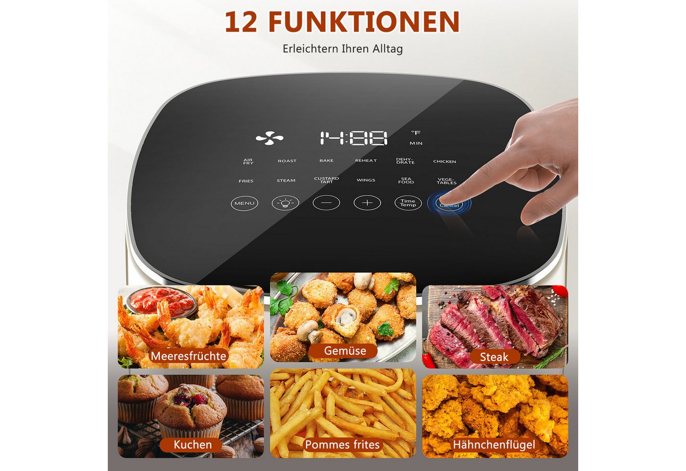 AIMAX Heißluftfritteuse 6L Ohne Öl Air Fryer Heizluft Fritteuse LED-Touchscreen 12 Programme, 1700 W, Airfryer Einstellbare Zeit/Temperaturregelung für Luftbraten, Braten Bild 4