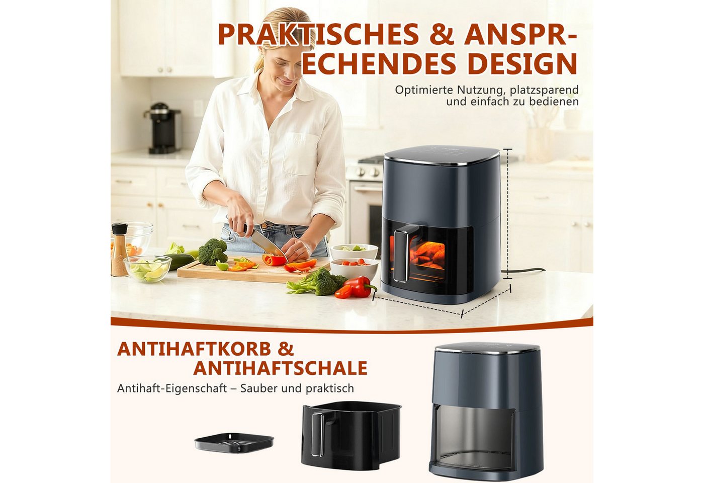 AIMAX Heißluftfritteuse 6L Ohne Öl Air Fryer Heizluft Fritteuse LED-Touchscreen 12 Programme, 1700 W, Airfryer Einstellbare Zeit/Temperaturregelung für Luftbraten, Braten Bild 5