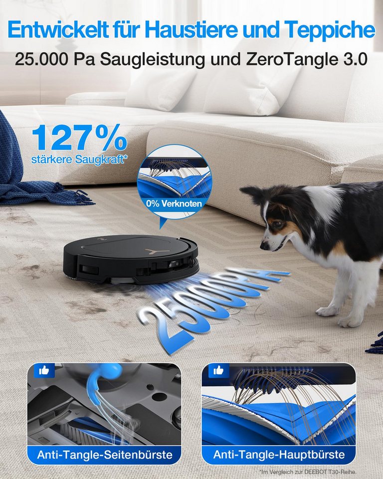 ECOVACS Saugroboter DEEBOT T50ProOmniGen3, 25000 Pa(Upgrade von T50 Pro Gen2/T50 Gen3), Reinigung des Mopps bei 75°C, Heißlufttrocknung, 81 mm, AIVI 3D 3.0, autom. Zugabe v. Reinigungslösung