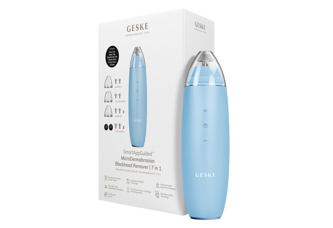 GESKE German Beauty Tech Mikrodermabrasionsgerät SmartAppGuided™ MicroDermabrasion Blackhead Remover 7 in 1, Packung (Gerät & USB-Ladekabel), 17-tlg., Gerät inkl. kostenloser APP (SmartAppGuided Device), Mit der GESKE App erhältst Du deine personalisierte Hautpflegeroutine.