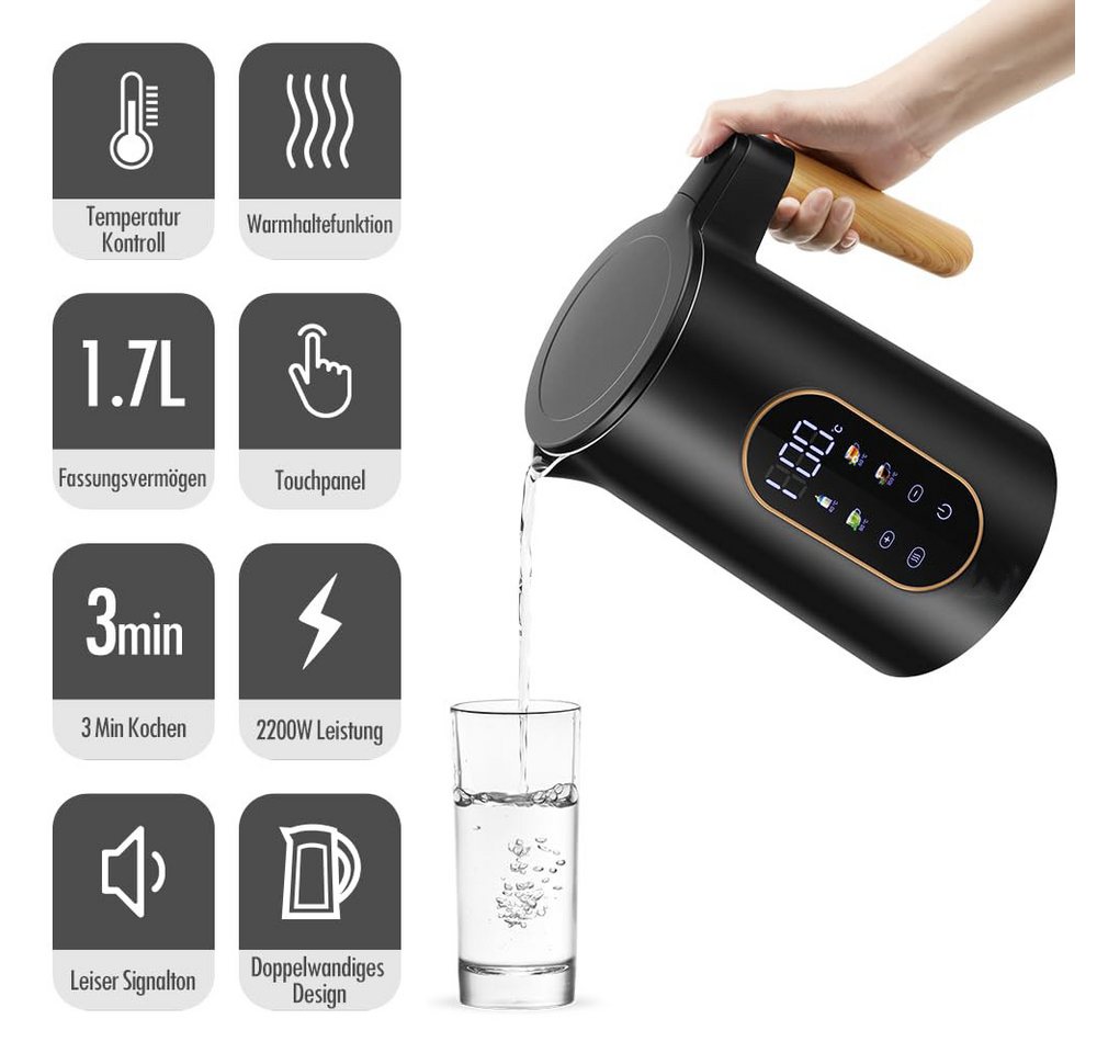 Minicloss Wasserkocher Edelstahl Wasserkocher 1,7 L mit Temperatureinstellung Temperaturwahl, 40-100°C I Temperatur Einstellbar Kessel I Warmhaltefunktion