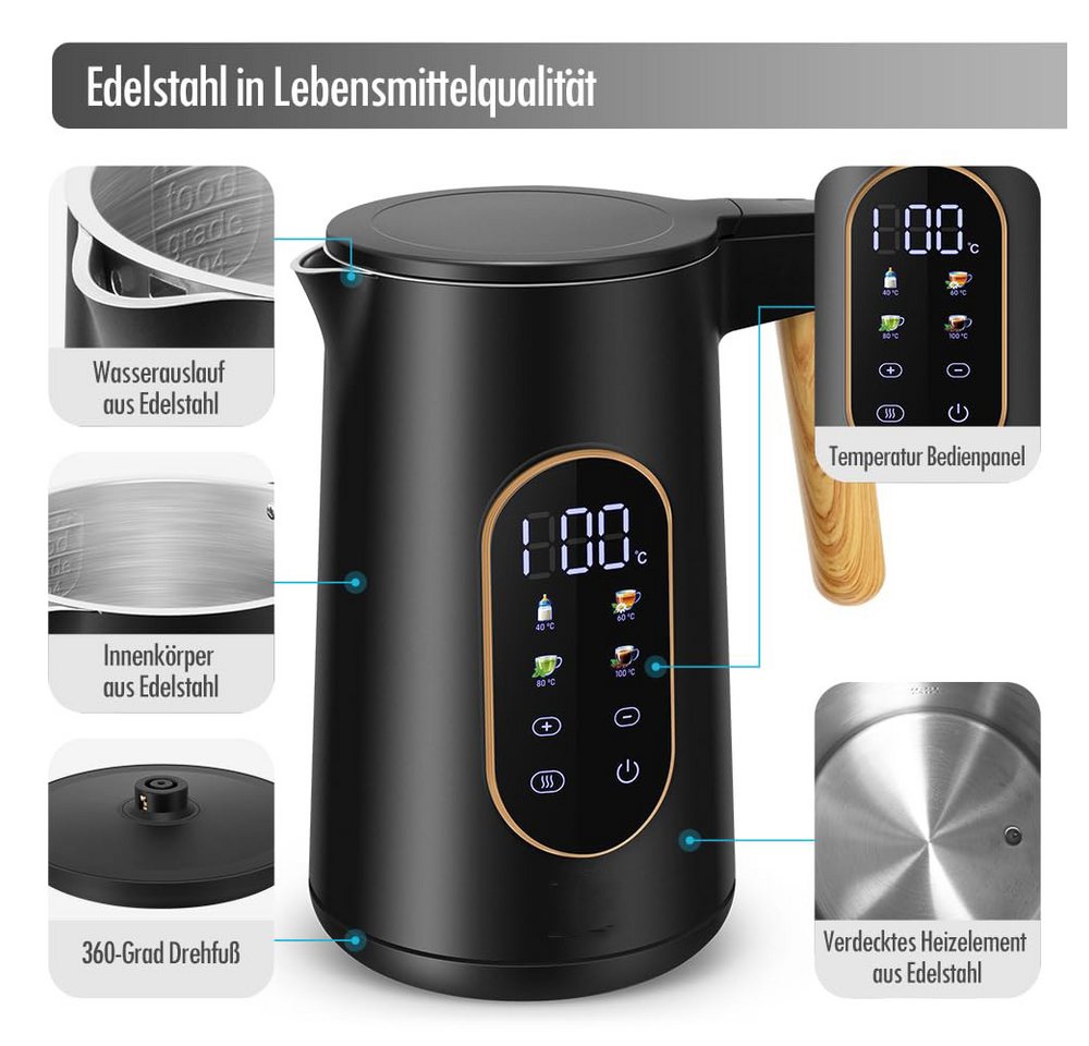 Minicloss Wasserkocher Edelstahl Wasserkocher 1,7 L mit Temperatureinstellung Temperaturwahl, 40-100°C I Temperatur Einstellbar Kessel I Warmhaltefunktion Bild 4