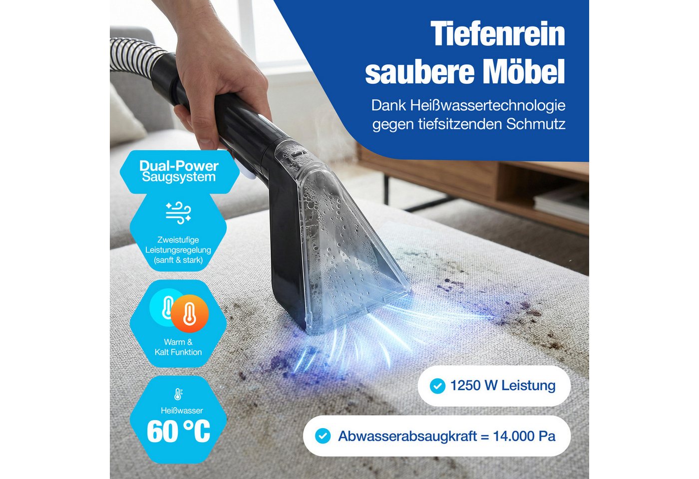 NTG Teppichreinigungsgerät, Tragbarer Nass- & Trockensauger, Polsterreiniger Gerät, 550 W, beutellos, Tiefenreinigung bis 60 °C Bild 2