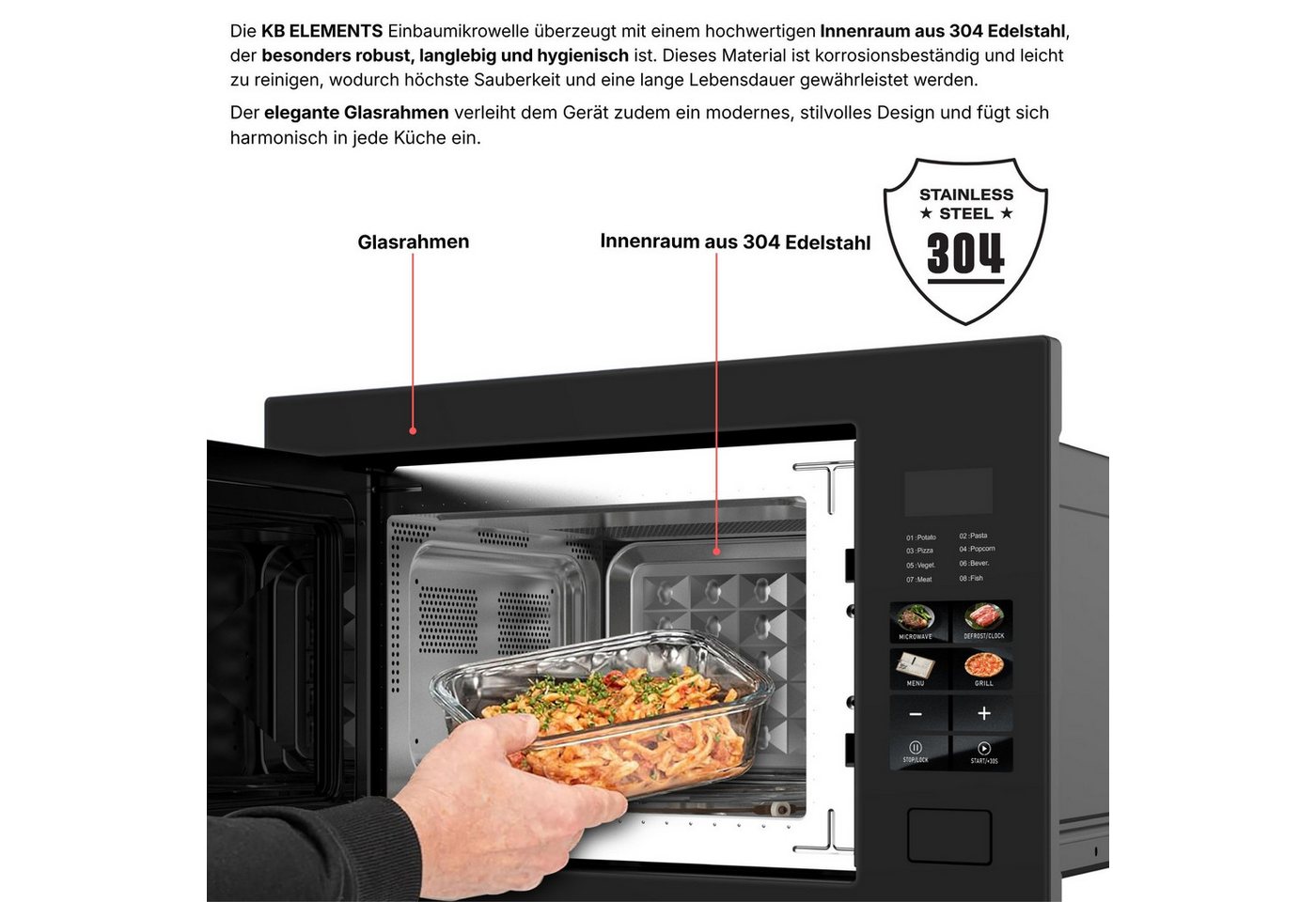 KB Elements Einbau-Mikrowelle ELK25MB1, Grill, 25 l, Full Touch Display, 25 Liter, Glasrahmen