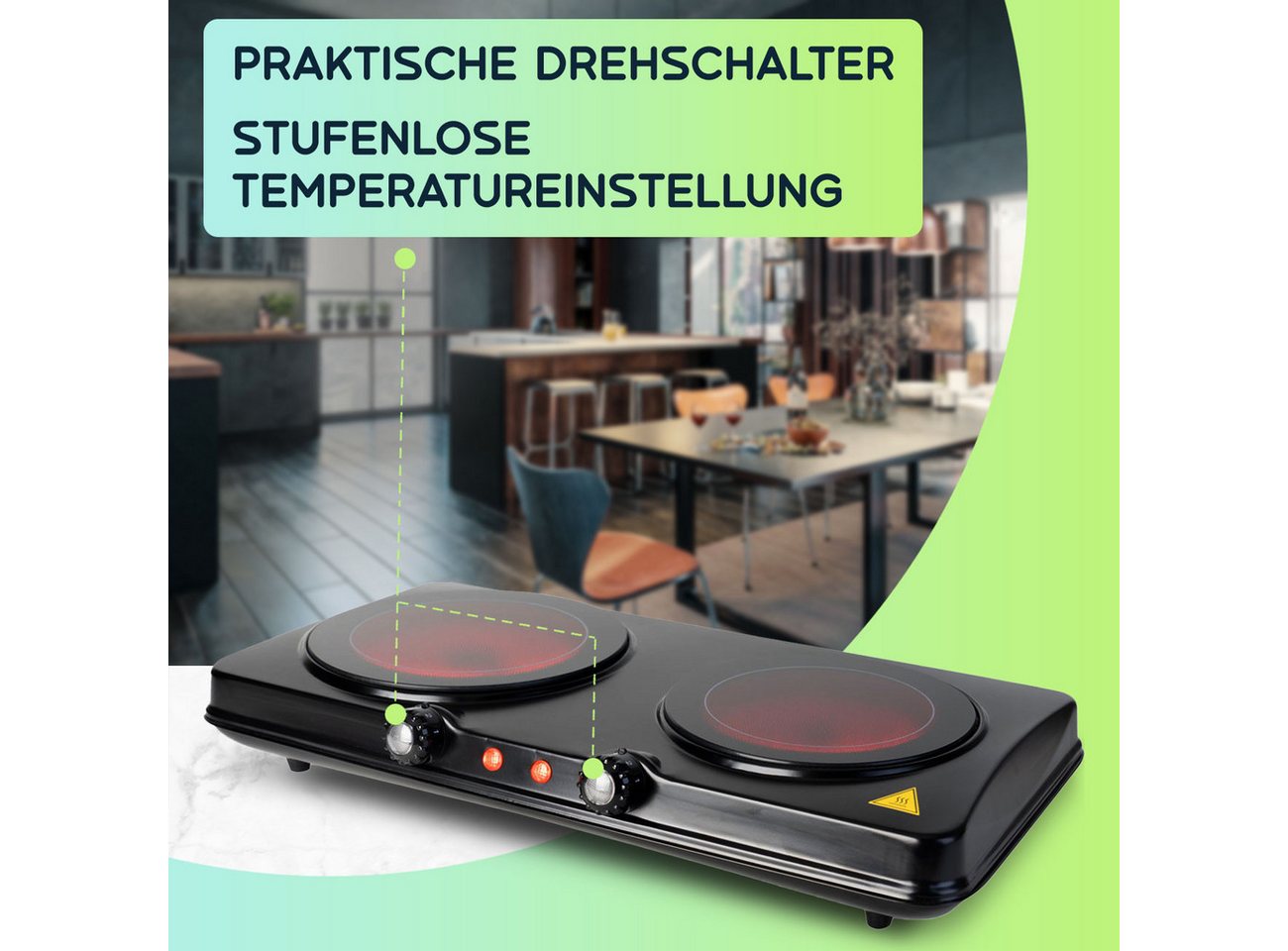 Casativo Doppelkochplatte aus Glaskeramik 2 Infrarot Elektro Kochfelder 2000W tragbar, Kochfeld 1 - Ø 16,4 cm & 800 Watt, Kochfeld 2 - Ø 18,8 cm & 1200 Watt Bild 2