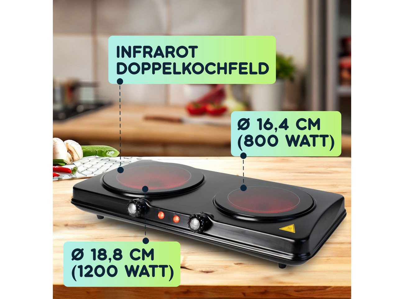 Casativo Doppelkochplatte aus Glaskeramik 2 Infrarot Elektro Kochfelder 2000W tragbar, Kochfeld 1 - Ø 16,4 cm & 800 Watt, Kochfeld 2 - Ø 18,8 cm & 1200 Watt Bild 3