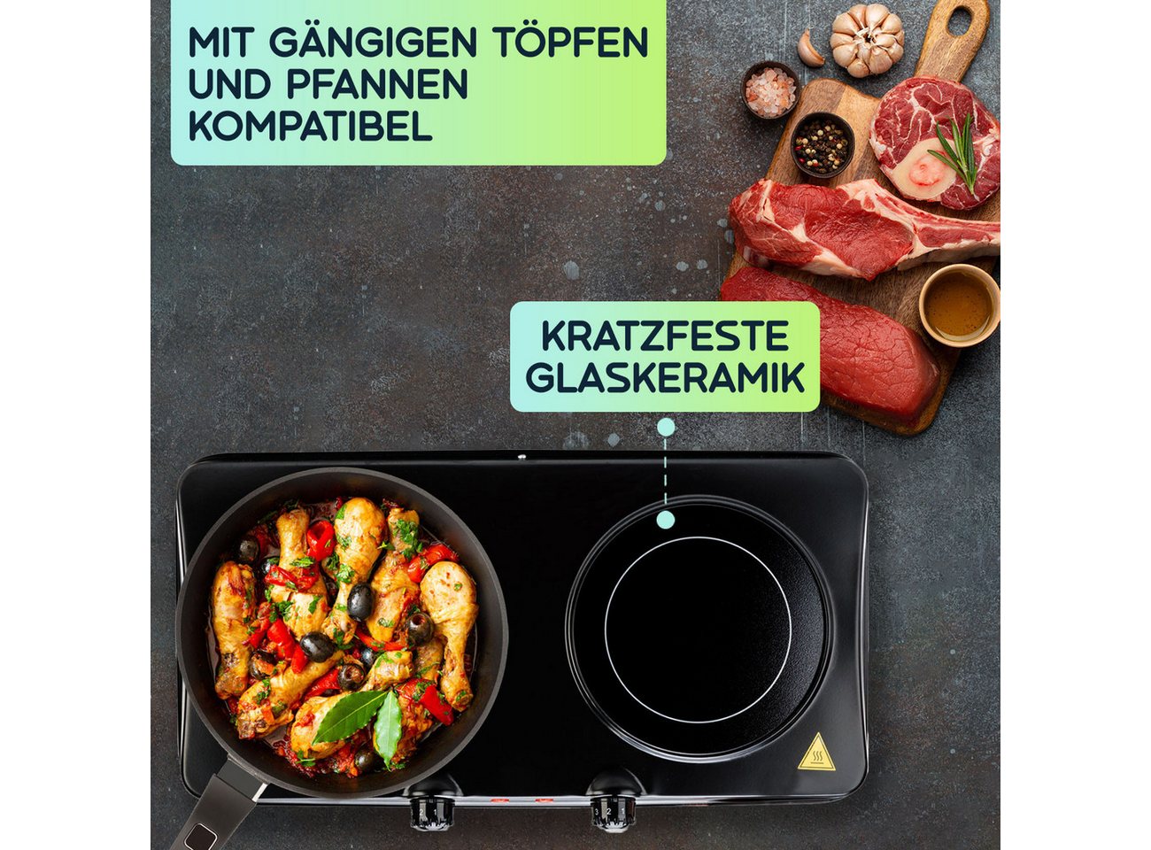Casativo Doppelkochplatte aus Glaskeramik 2 Infrarot Elektro Kochfelder 2000W tragbar, Kochfeld 1 - Ø 16,4 cm & 800 Watt, Kochfeld 2 - Ø 18,8 cm & 1200 Watt Bild 5