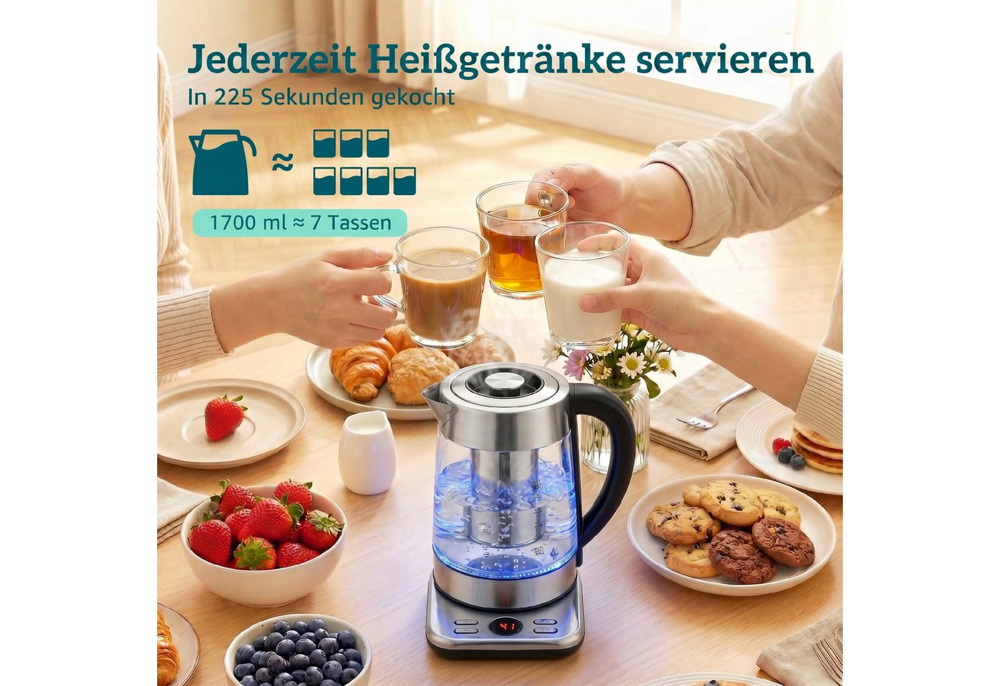 HOMCOM Wasserkocher, 1.7 l, 2200 W, 304 Edelstahl, LCD-Anzeige