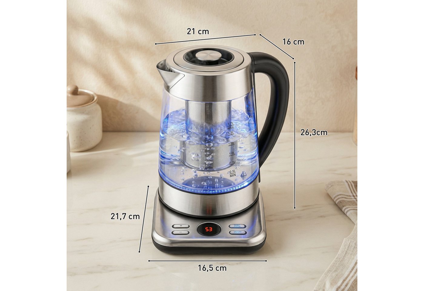 HOMCOM Wasserkocher, 1.7 l, 2200 W, 304 Edelstahl, LCD-Anzeige Bild 3