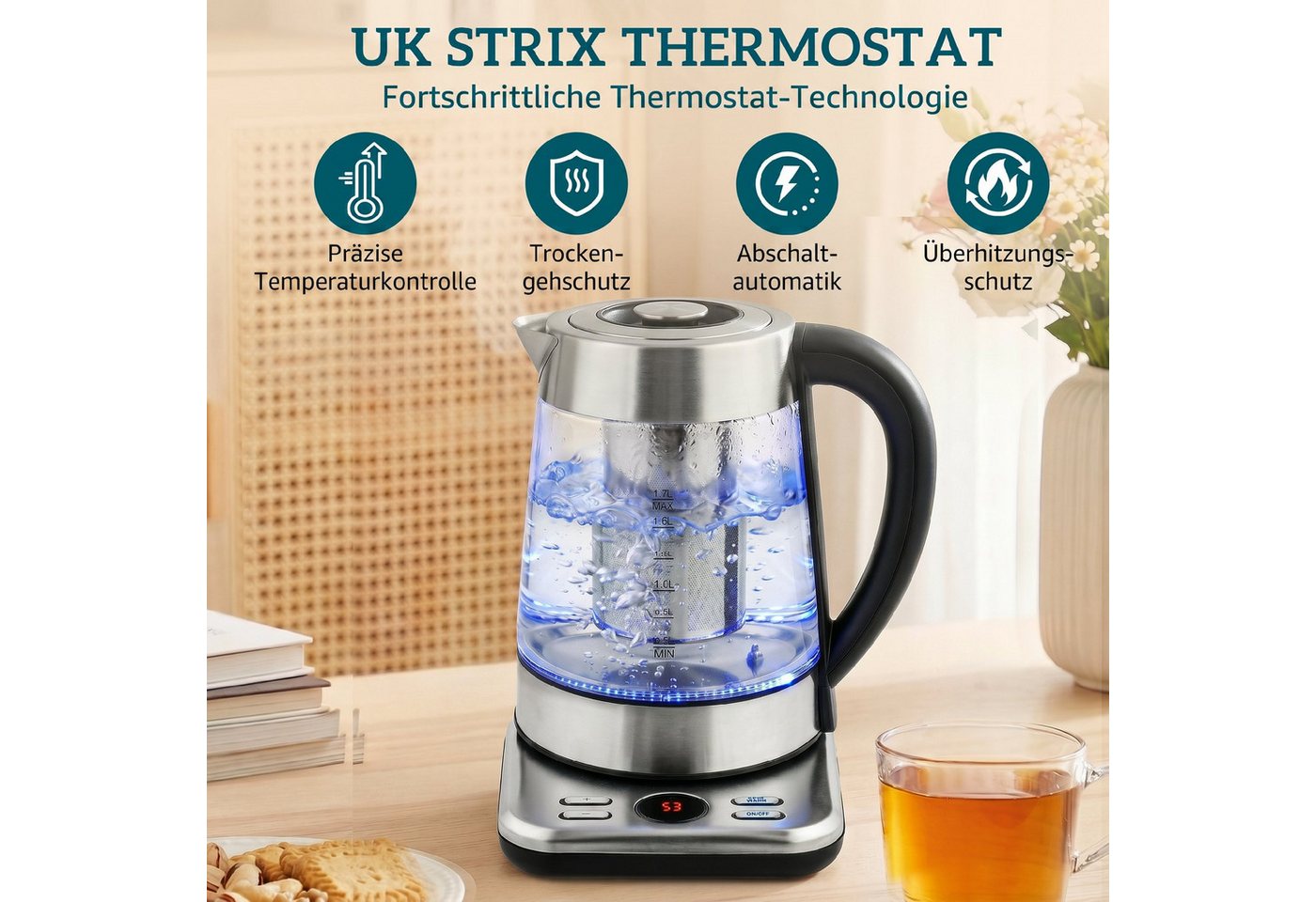 HOMCOM Wasserkocher, 1.7 l, 2200 W, 304 Edelstahl, LCD-Anzeige Bild 4