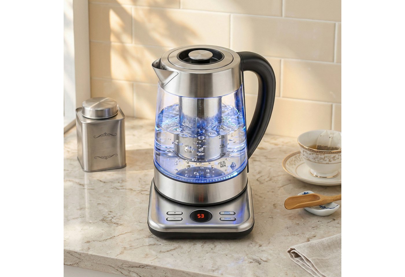 HOMCOM Wasserkocher, 1.7 l, 2200 W, 304 Edelstahl, LCD-Anzeige Bild 5
