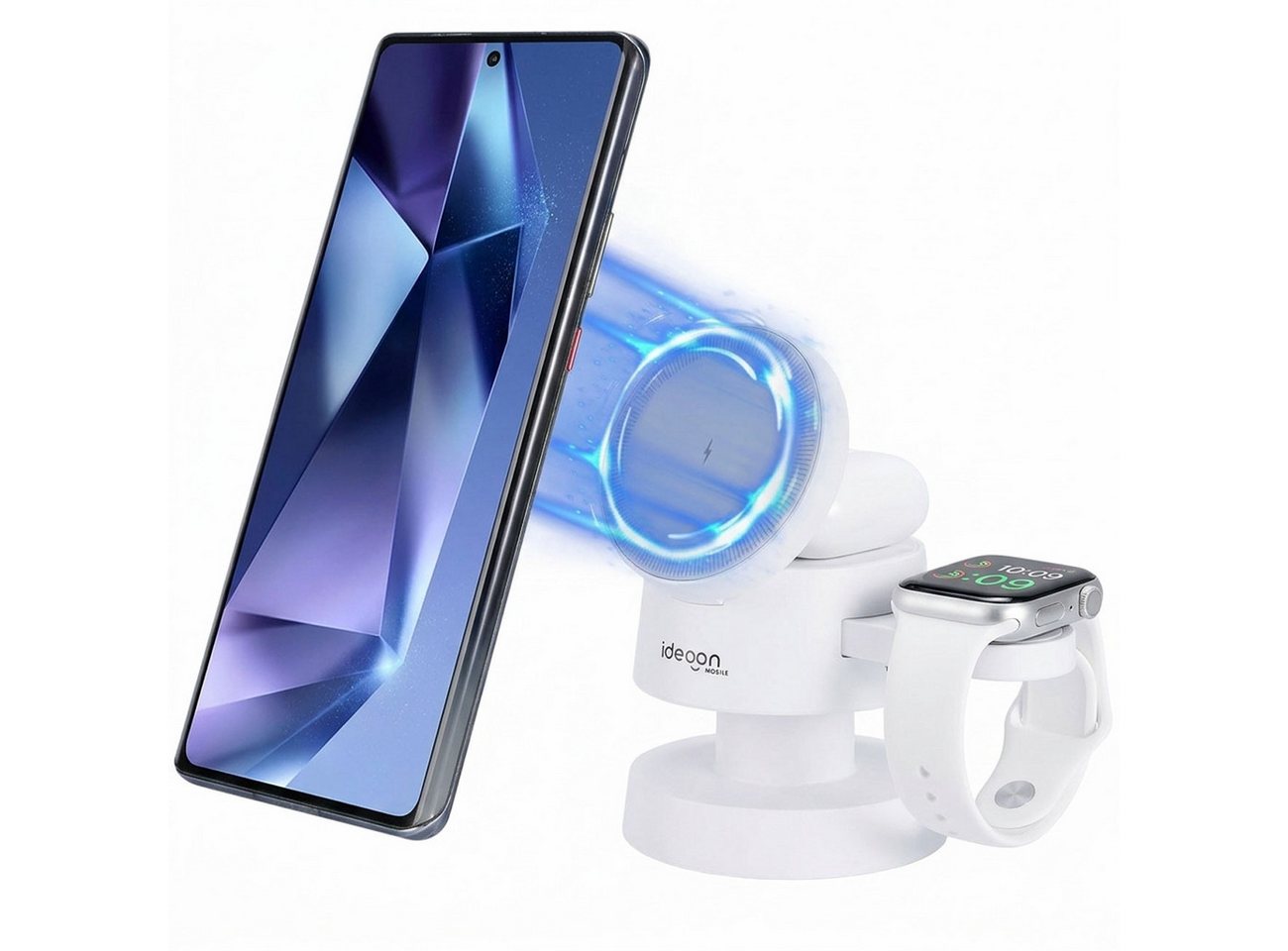 shop'n smile ideoon Multifunktionale Kabellose Ladestation 15W mit Nachtlicht USB-C 3in1 Ladestation (3in1 Wireless Ladestation 15W Handy, 5W AirPods, 3W Watch + Licht)
