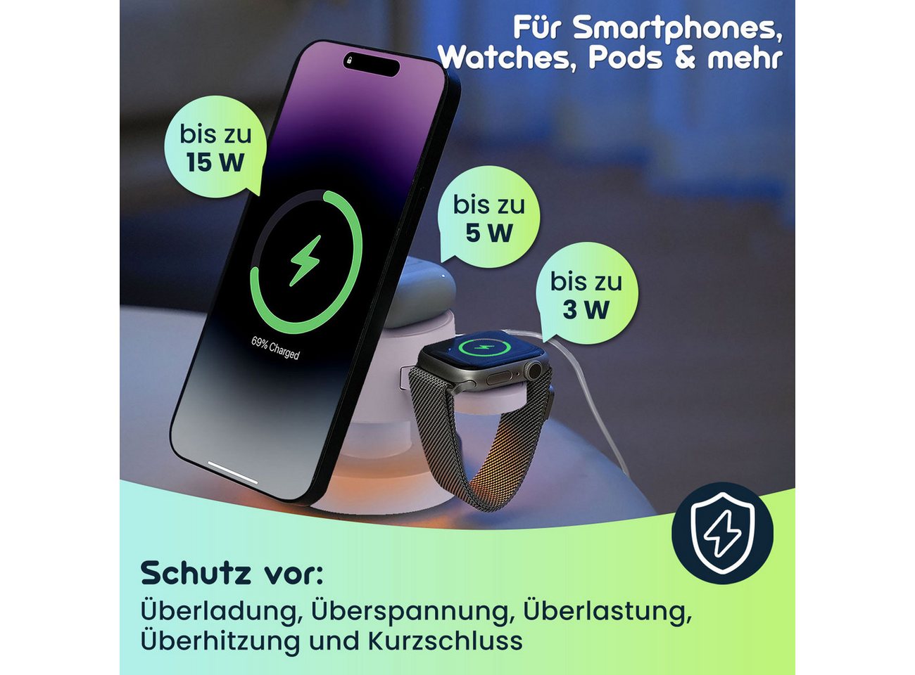 shop'n smile ideoon Multifunktionale Kabellose Ladestation 15W mit Nachtlicht USB-C 3in1 Ladestation (3in1 Wireless Ladestation 15W Handy, 5W AirPods, 3W Watch + Licht) Bild 3