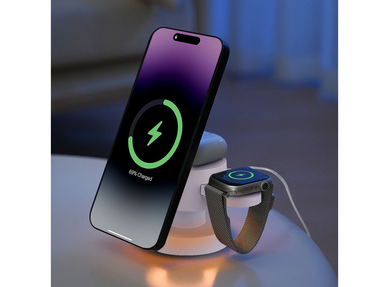 shop'n smile ideoon Multifunktionale Kabellose Ladestation 15W mit Nachtlicht USB-C 3in1 Ladestation (3in1 Wireless Ladestation 15W Handy, 5W AirPods, 3W Watch + Licht) Bild 4