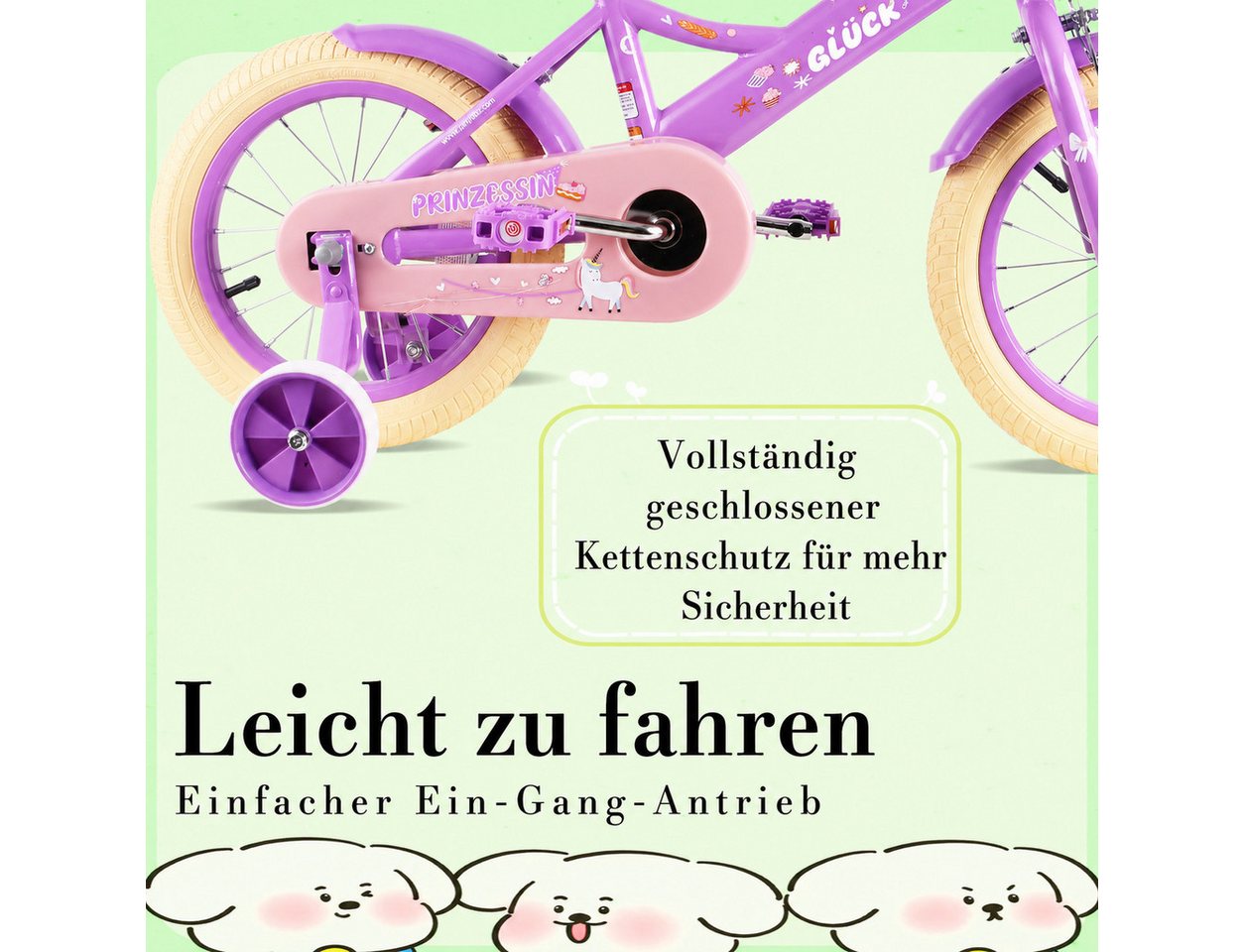 RULLY Kinderfahrrad Kinderfahrrad Mädchen 12/14/16 Zoll für 2–7 Jahre mit Stützrädern, 1 Gang, Mit Korb, Puppensitz, Stützrädern, Schutzblechen & Glocke