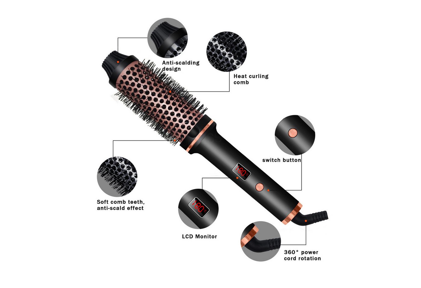 Ophy Haarglättbürste 3-in-1 Heißluftbürste – Glätteisen, Rundbürste & Lockenbürste, mit Turmalin- & Keratin-Schutz (Haarglättbürste, Warmluftbürste) Bild 3