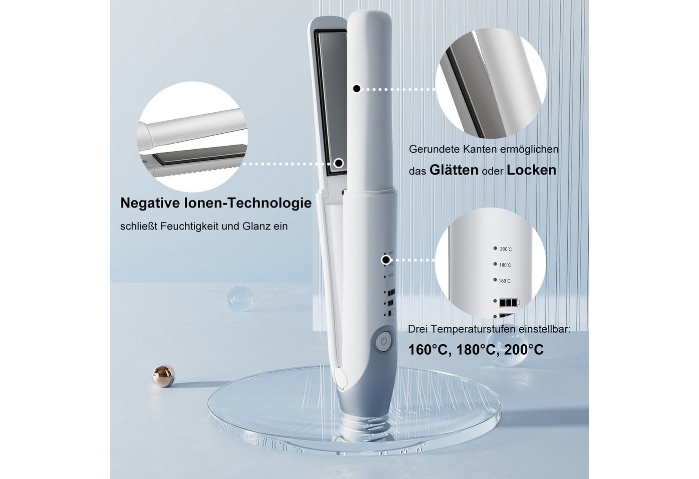 ibettertec Glätteisen Akku-Haarglätter,2-in-1 Haarglätter zum Locken und Glätten der Haare 10-Sekunden-Schnellaufheizung, 3 Heizstufen, Dualspannung für alle Haartypen, weiße