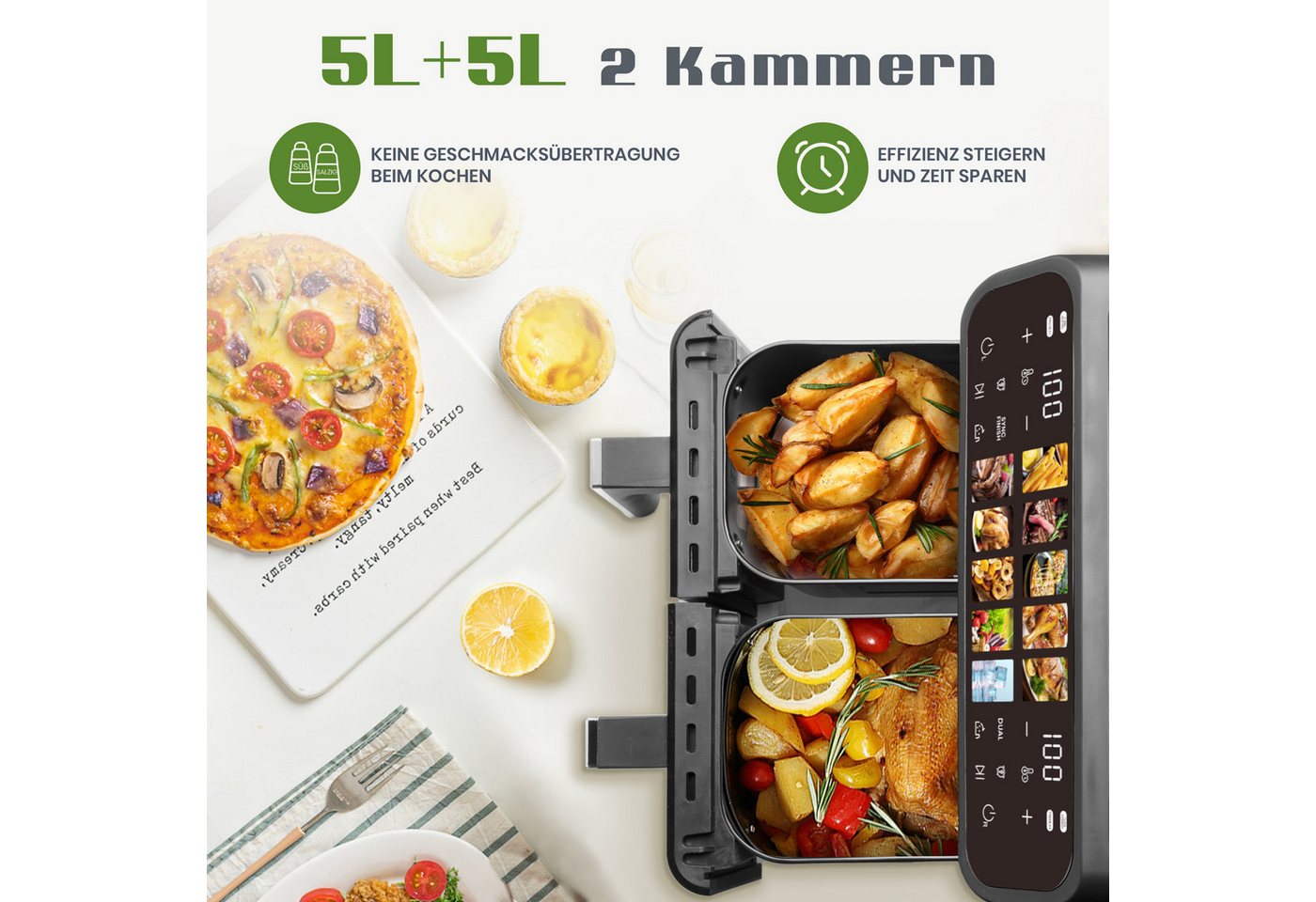 WHEELYOU Heißluftfritteuse 10L XXL, Dual Zone Airfryer 2000W mit 2 Körben, 2000 W, Doppelkammer-Fritteuse mit 10 Programmen, LED-Touchdisplay & 80–200 °C