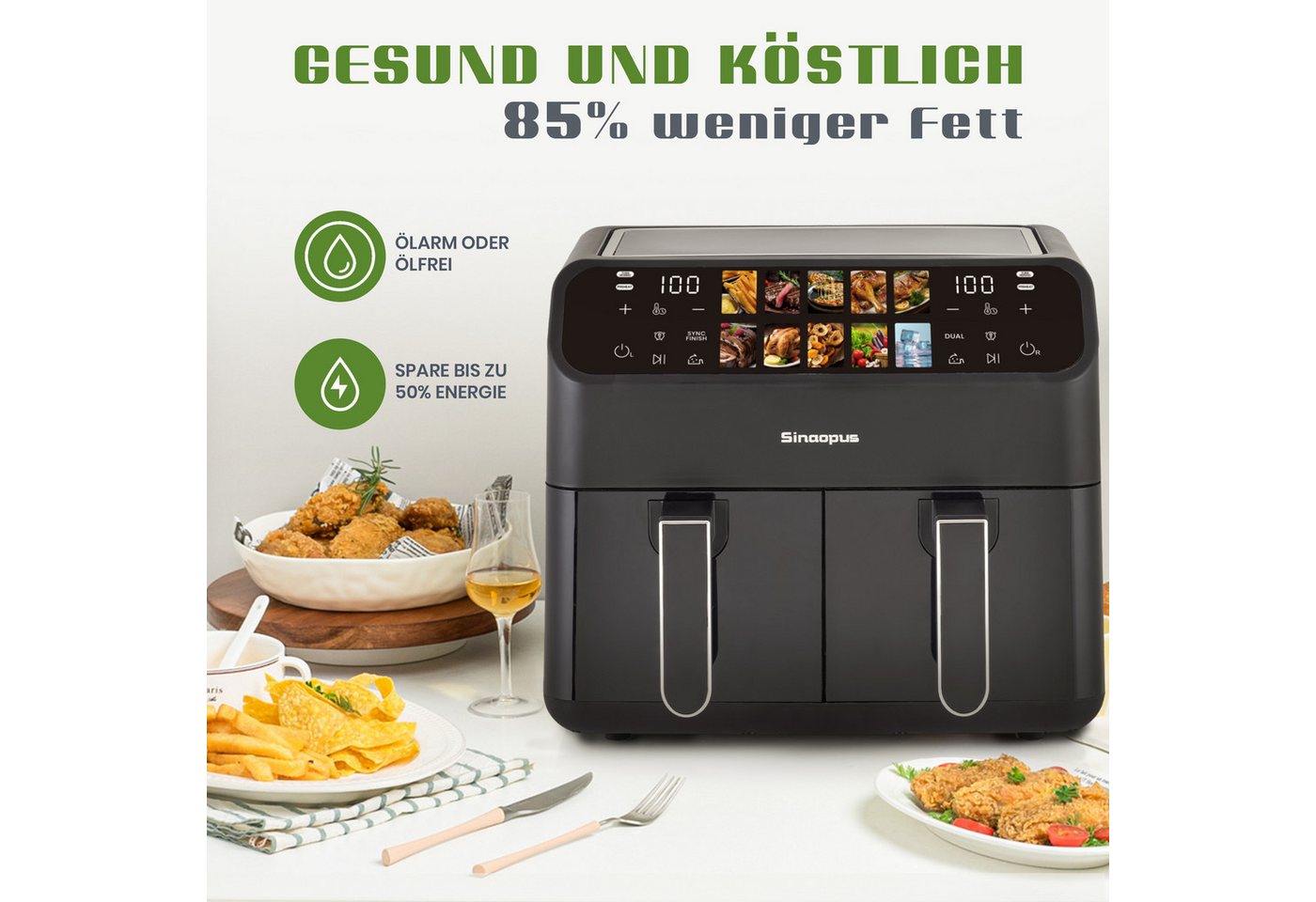 WHEELYOU Heißluftfritteuse 10L XXL, Dual Zone Airfryer 2000W mit 2 Körben, 2000 W, Doppelkammer-Fritteuse mit 10 Programmen, LED-Touchdisplay & 80–200 °C Bild 2