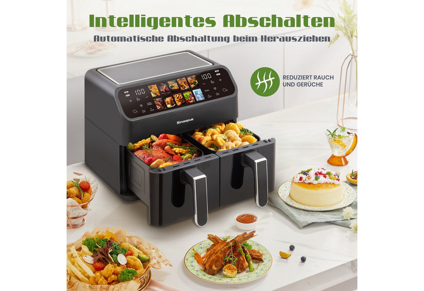WHEELYOU Heißluftfritteuse 10L XXL, Dual Zone Airfryer 2000W mit 2 Körben, 2000 W, Doppelkammer-Fritteuse mit 10 Programmen, LED-Touchdisplay & 80–200 °C Bild 3
