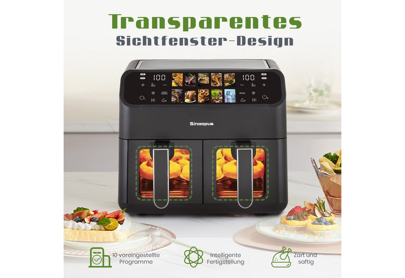 WHEELYOU Heißluftfritteuse 10L XXL, Dual Zone Airfryer 2000W mit 2 Körben, 2000 W, Doppelkammer-Fritteuse mit 10 Programmen, LED-Touchdisplay & 80–200 °C Bild 5