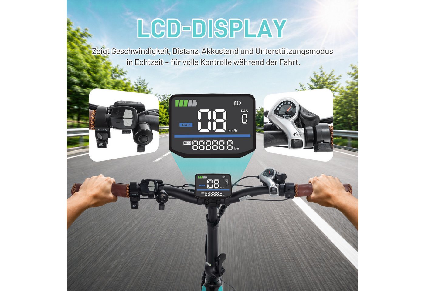 JOBOBIKE E-Bike Mountainbike 20x4,0 Zoll, 120km, mit Blinkern und Bremslicht, Integriertes Laufrad, 7 Gang Shimano, Kettenschaltung, Heckmotor, 720 Wh, (Faltrad, LCD-Farbdisplay, All-Terrain Elektro-Fatbike, 5 Stufen), Klapprad, Hydr. Bremse, Elektrofahrrad für Damen und Herren, ab 165 cm Bild 5