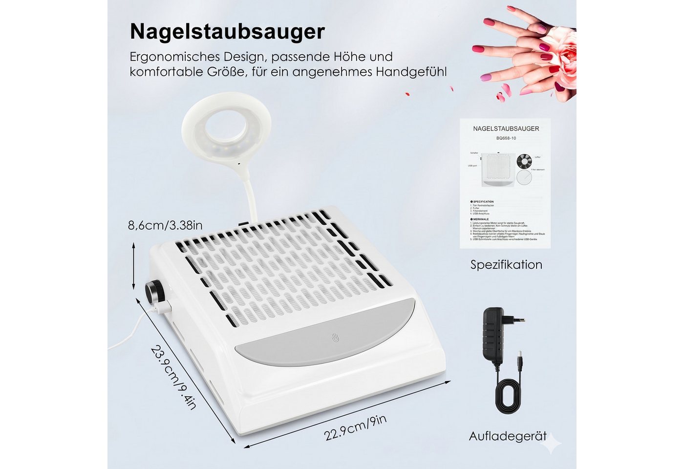 i@home Maniküre-Pediküre-Set, 100W, extrem leise, LED-Licht, wiederverwendbarer Filter & Handauflage, Nagelstaubsauger,Nagelstaub-Sammelmaschine Bild 2