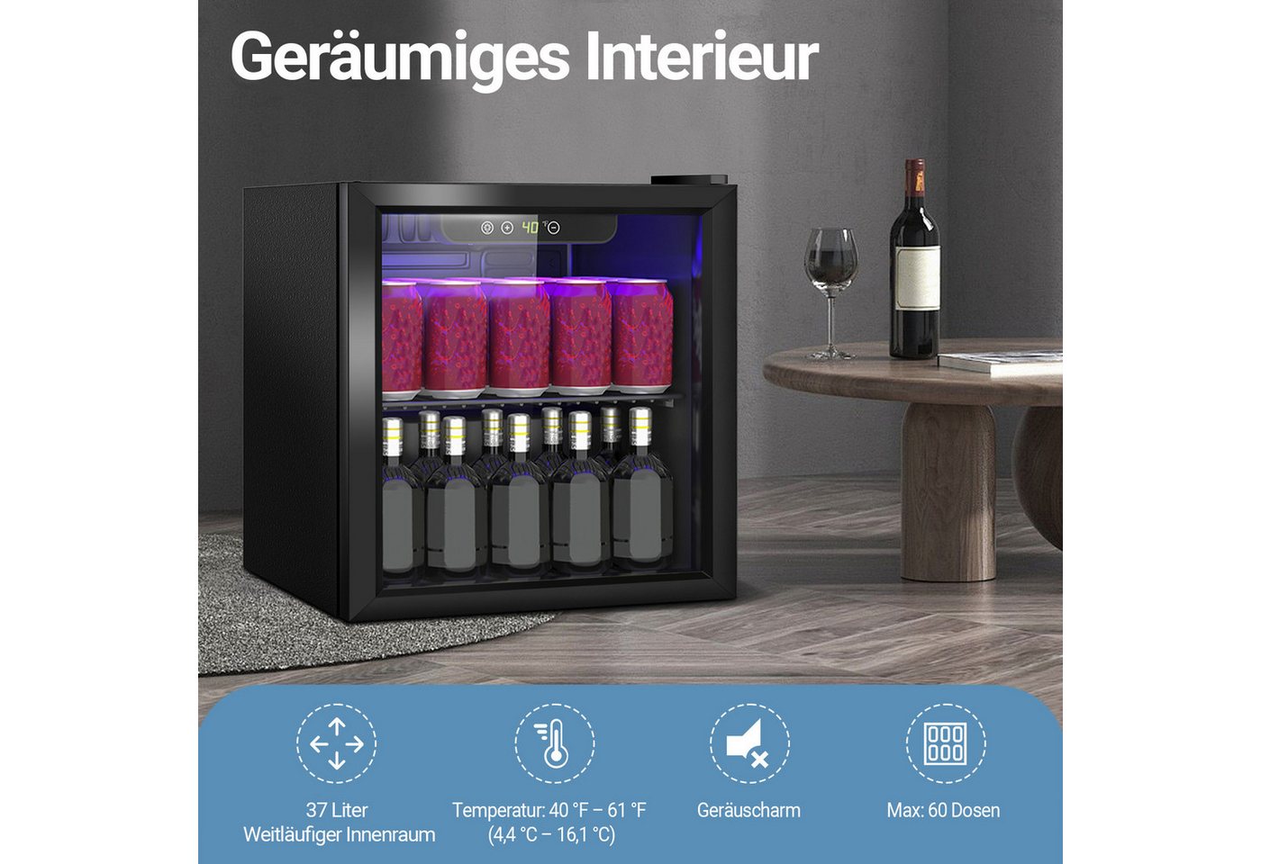 DollarDash Getränkekühlschrank JC-36-F, 45.5 cm hoch, 43 cm breit, 4,4–16,1 °C, mit 1 abnehmbaren Regal und verstellbarer Bodenfreiheit