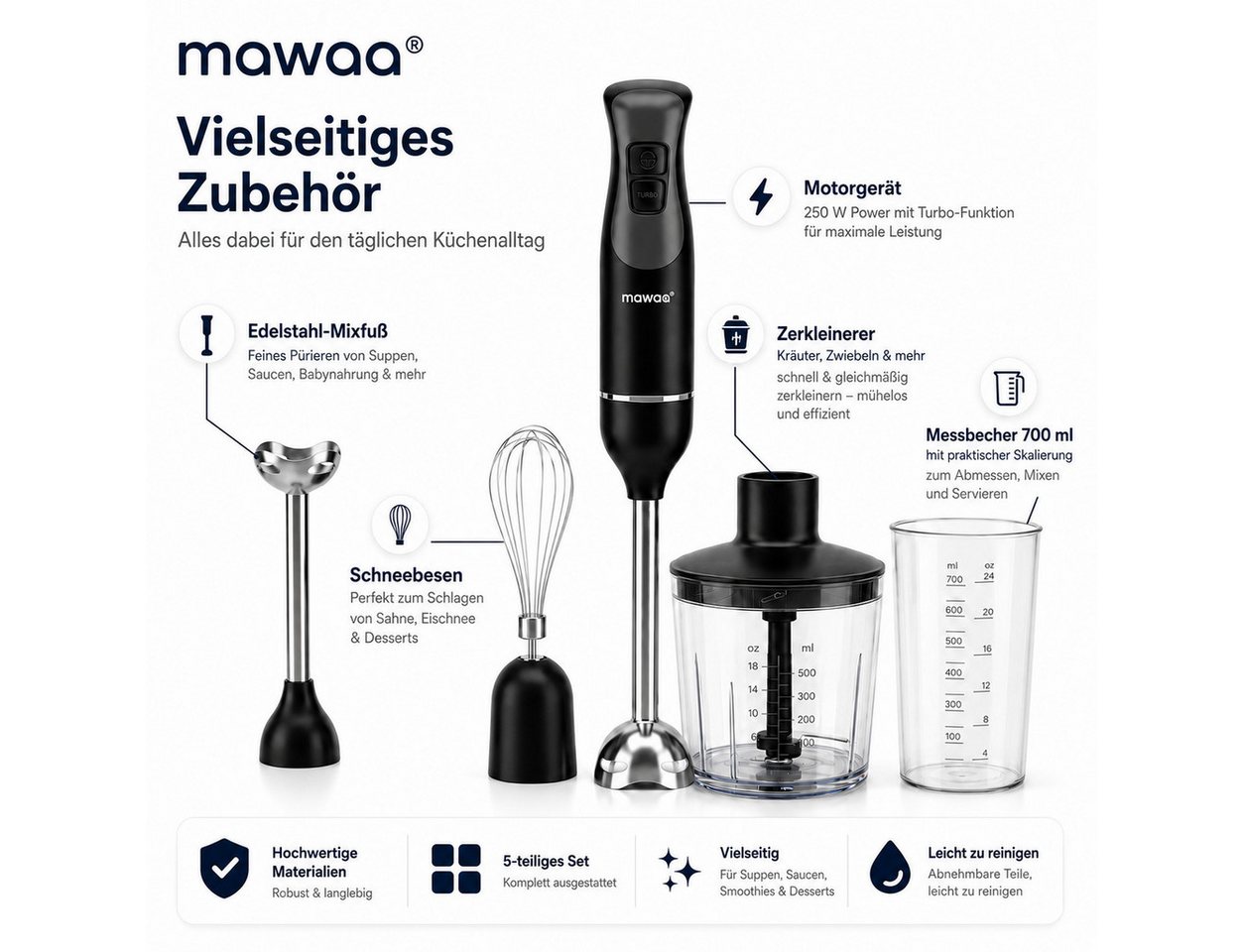 LEFEX Stabmixer mawaa Stabmixer 3in1 Set Pürierstab Schneebesen Schwarz, 250 W