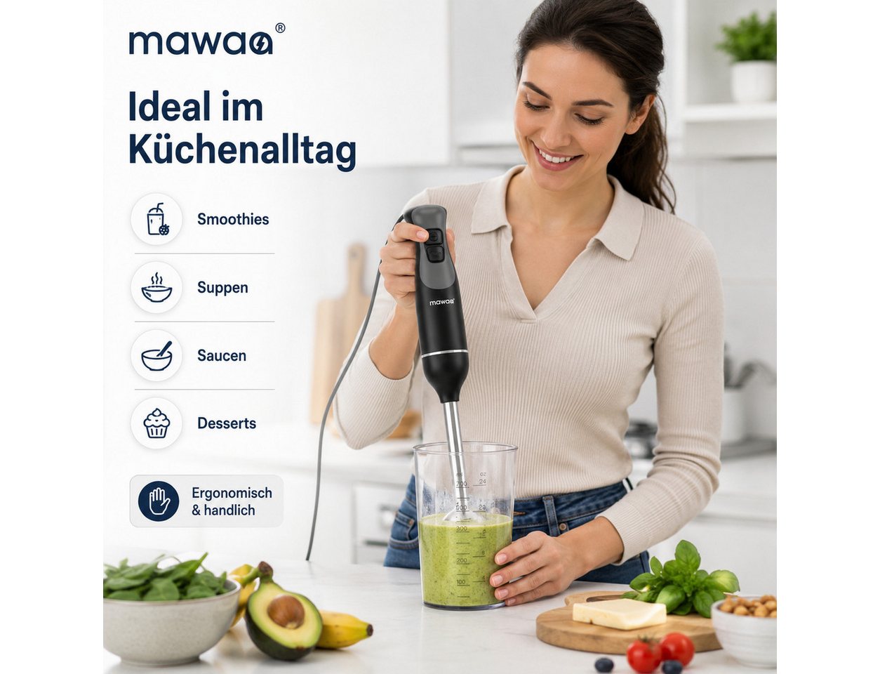 LEFEX Stabmixer mawaa Stabmixer 3in1 Set Pürierstab Schneebesen Schwarz, 250 W Bild 2