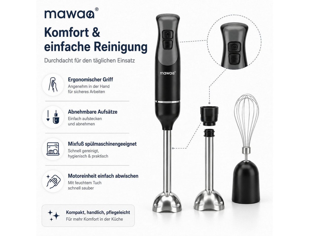 LEFEX Stabmixer mawaa Stabmixer 3in1 Set Pürierstab Schneebesen Schwarz, 250 W Bild 3