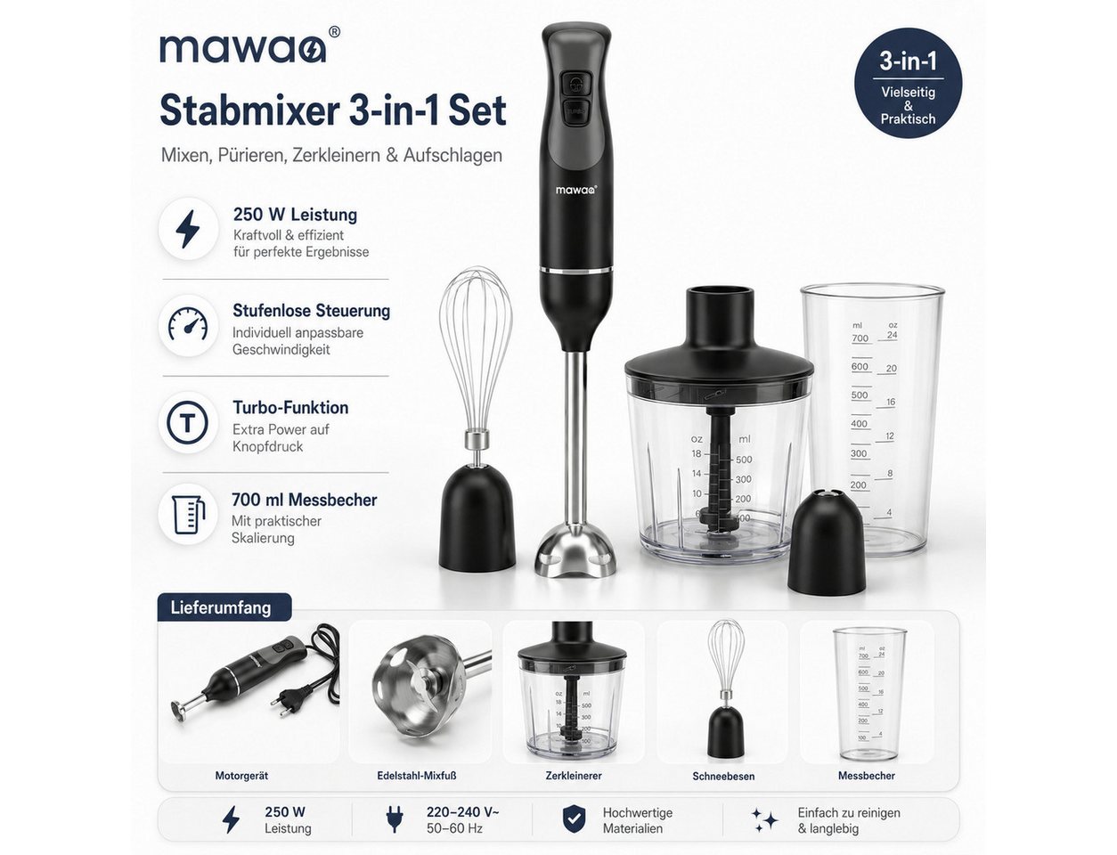 LEFEX Stabmixer mawaa Stabmixer 3in1 Set Pürierstab Schneebesen Schwarz, 250 W Bild 5