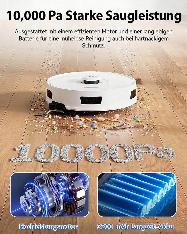 redroad Nass-Trocken-Saugroboter LiDAR-SLAM/RGB/Sensoren Saugroboter mit Wischfunktion 10kPa 2026, 680 W, mit Beutel, R11 Nachfolger des beliebten R11/12×3200mAh,58.000mAh Bild 5