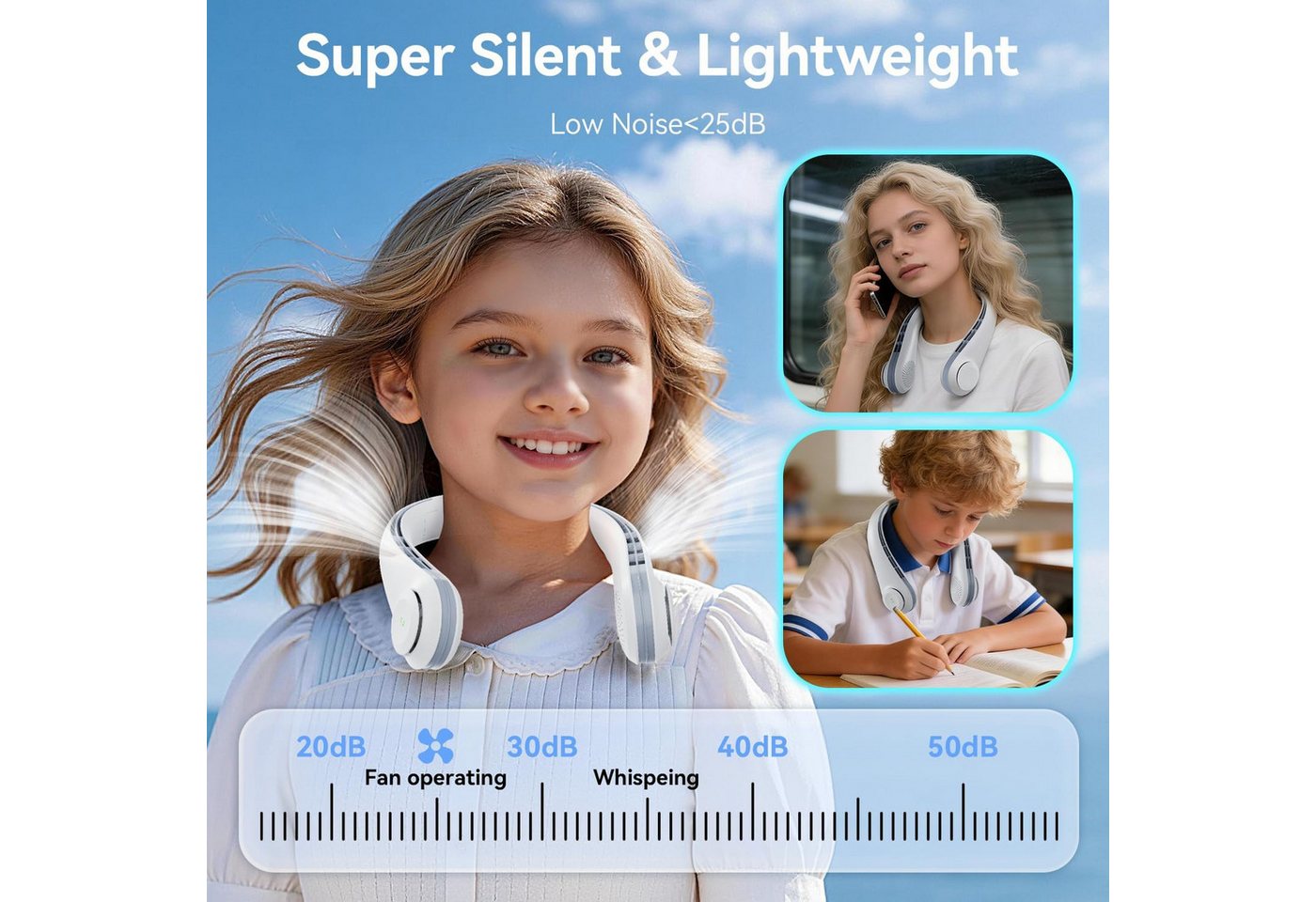 FELIXLEO Handventilator Nackenventilator 3600mAh USB Leise 3 Stufen Reisen Sport