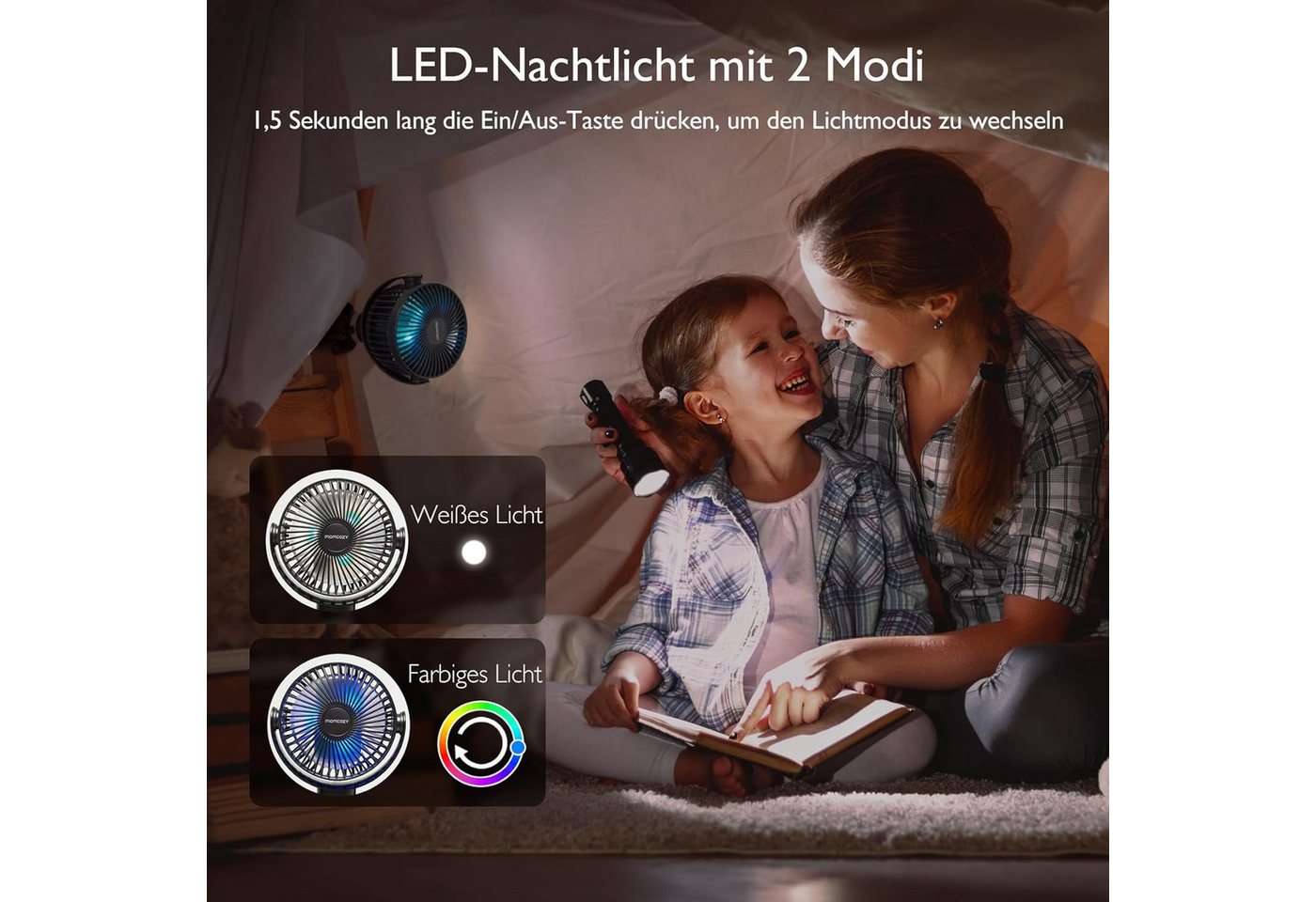 FELIXLEO Tischventilator Momcozy Clip Kinderwagen Ventilator, 8000mAh Akku LED Licht USB Lüfter Bild 3