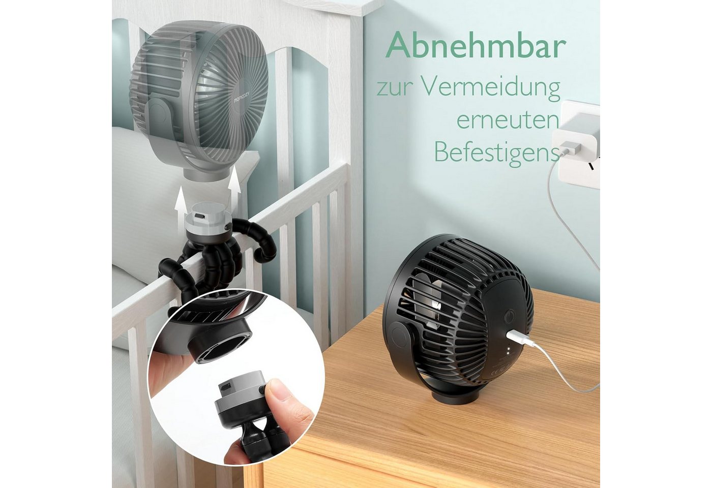 FELIXLEO Tischventilator Momcozy Clip Kinderwagen Ventilator, 8000mAh Akku LED Licht USB Lüfter Bild 5
