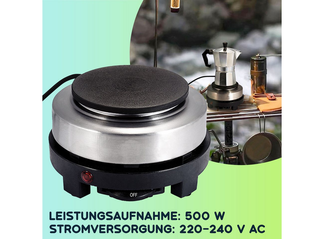 Casativo Einzelkochplatte Mini-Einzelkochplatte mit Espressokocher, 500W Camping-Set 150ml, 500W Mini-Kochplatte Gusseisen-Feld & Alu-Espressokocher für 3 Tassen
