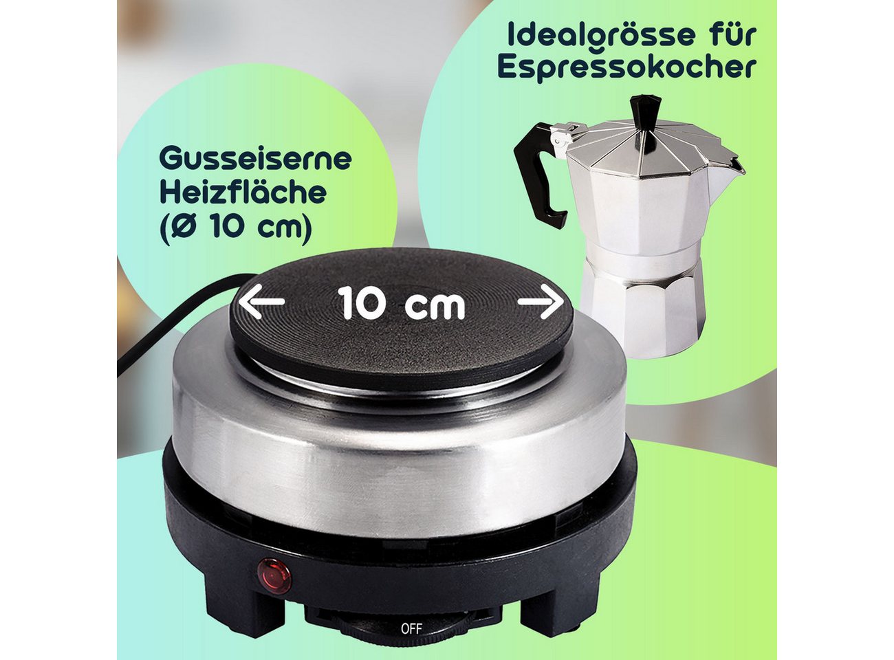 Casativo Einzelkochplatte Mini-Einzelkochplatte mit Espressokocher, 500W Camping-Set 150ml, 500W Mini-Kochplatte Gusseisen-Feld & Alu-Espressokocher für 3 Tassen Bild 4