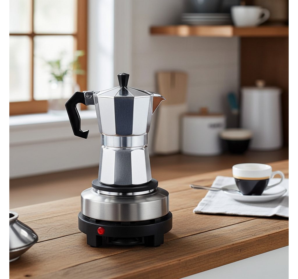 Casativo Einzelkochplatte Mini-Einzelkochplatte mit Espressokocher, 500W Camping-Set 150ml, 500W Mini-Kochplatte Gusseisen-Feld & Alu-Espressokocher für 3 Tassen Bild 5