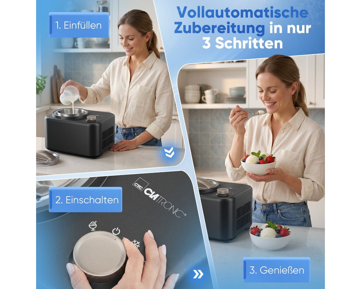 CLATRONIC Eismaschine ICM 3846, Eis in ca. 60 min., ohne Vorkühlen, bis zu 850ml