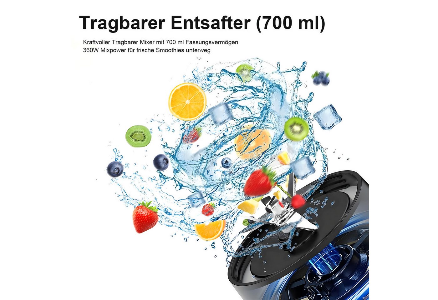 AIMAX Akku-Smoothie-Maker Tragbarer Mixer 700ml Mini Standmixer to Go - 6 Klingen Smoothie Maker, USB Shaker Bottle für Saft, für Küche, Reise, Büro, Fitness, Camper